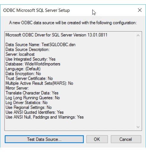 Screenshot of the ODBC Data Source Administrator testing the data source.