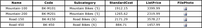 Bike Product Entity Table