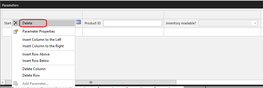 Delete parameters from the parameters pane