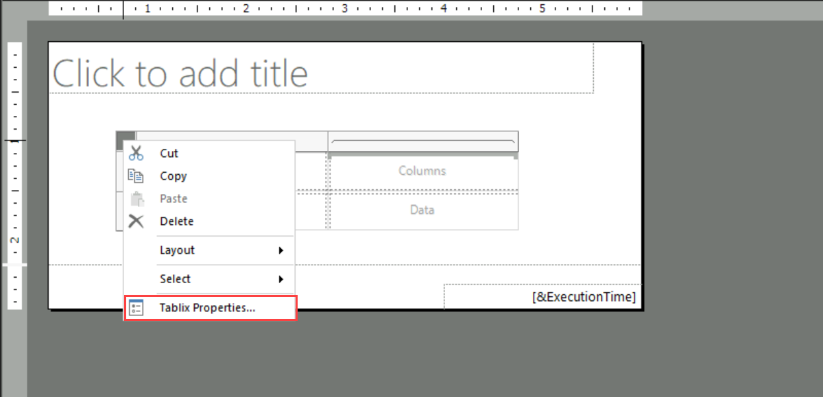 Screenshot of the context menu for a data region highlighting the Tablix Properties option.