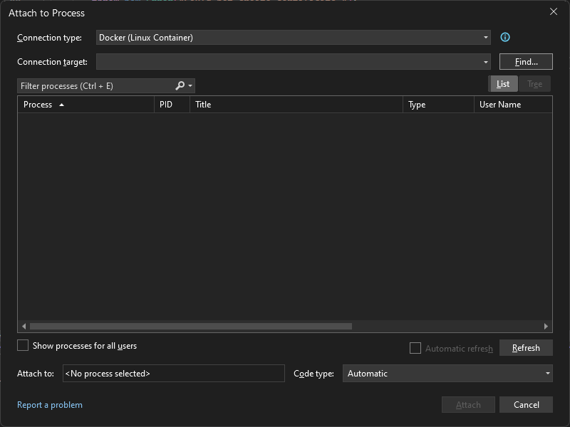 Screenshot of the Attach to Process dialog in Visual Studio showing a Connection type of Docker (Linux Container).