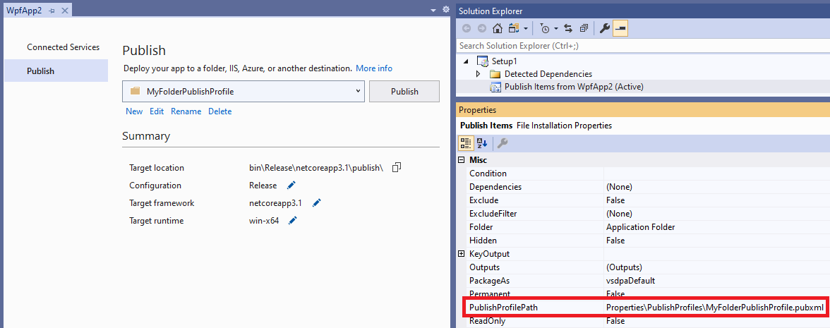 Screenshot of setting the publish profile on the Publish Items project output item.