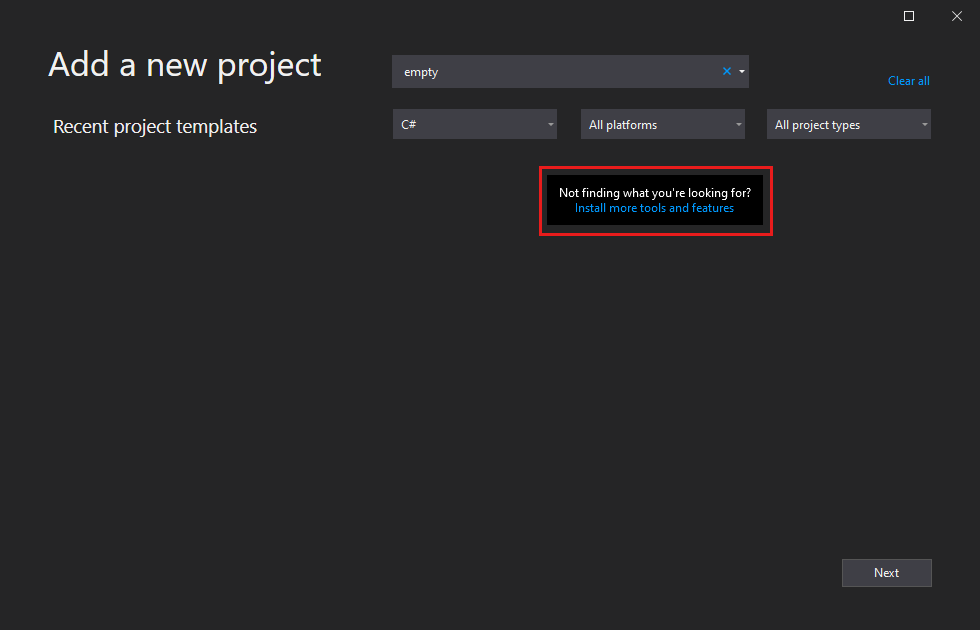 Screenshot showing the Create a new project window with the 'Install more tools and features' link highlighted.