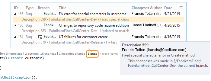 Screenshot that shows how to find bugs linked to changesets with CodeLens in Visual Studio 2019.