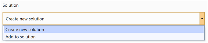 Screenshot of the 'Create new solution' or 'Add to solution' dialog in Visual Studio 2019.