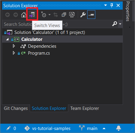 Screenshot of a Git project in Solution Explorer, with Switch Views highlighted in Visual Studio 2019 version 16.8 and later.