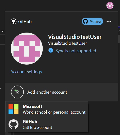 Screenshot of using Add another account option to add a GitHub account from profile care.