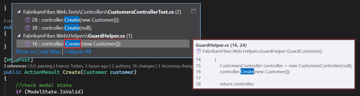 Screenshot that shows how to see the file with the reference by using CodeLens - Peek reference for Visual Studio.