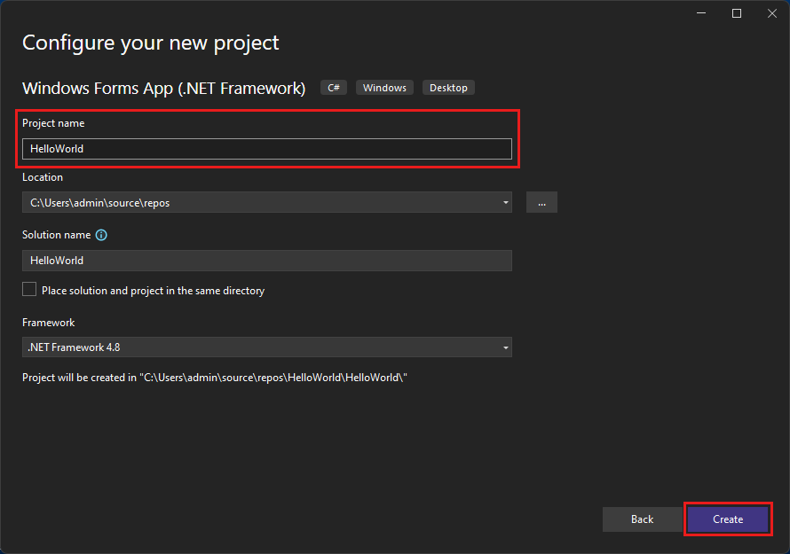 Screenshot that shows the Configure your new project window for your project named HelloWorld.