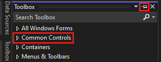 Screenshot that shows the Pin icon to pin the Toolbox window to the IDE.