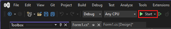 Screenshot that shows the Start button to debug and run the app.