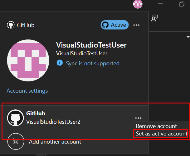 Screenshot showing setting a different active GitHub account using profile card.