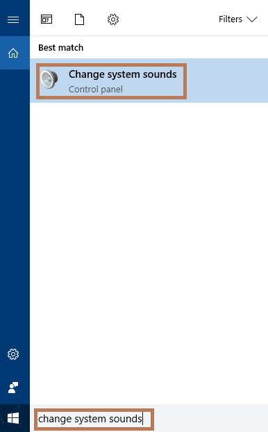 Screenshot of the 'Change system sounds' search results in Windows 10.