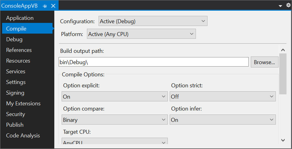 Screenshot of the Project Designer, with the Compile tab selected.