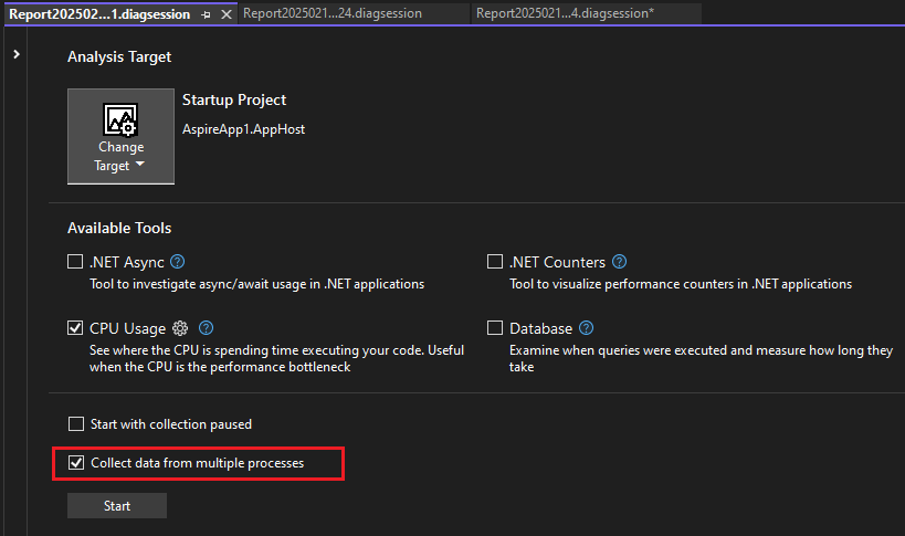 Screenshot that shows selecting multi-process data.