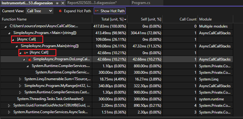 Screenshot that shows Call tree structure for async calls.