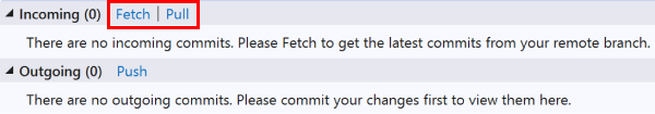 Incoming section in Git Repository window with a callout to fetch and pull buttons.