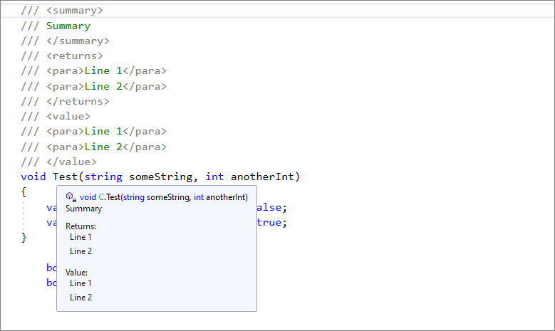 XML style support for returns and value tags