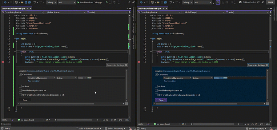 C++ conditional breakpoint performance