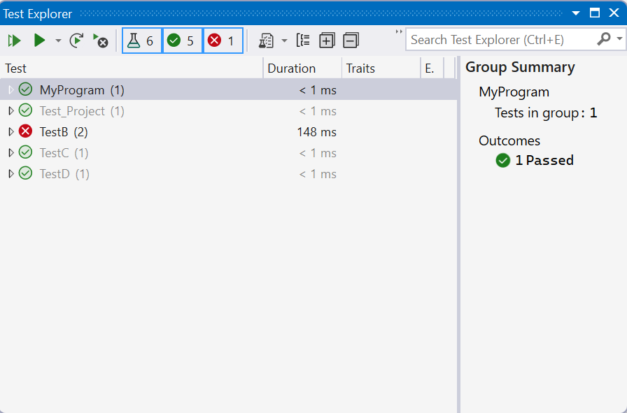 Screenshot shows Test Explorer after tests are run in Visual Studio 2019.