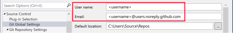 Git Global settings pane in Options dialog box with a callout to username an email.