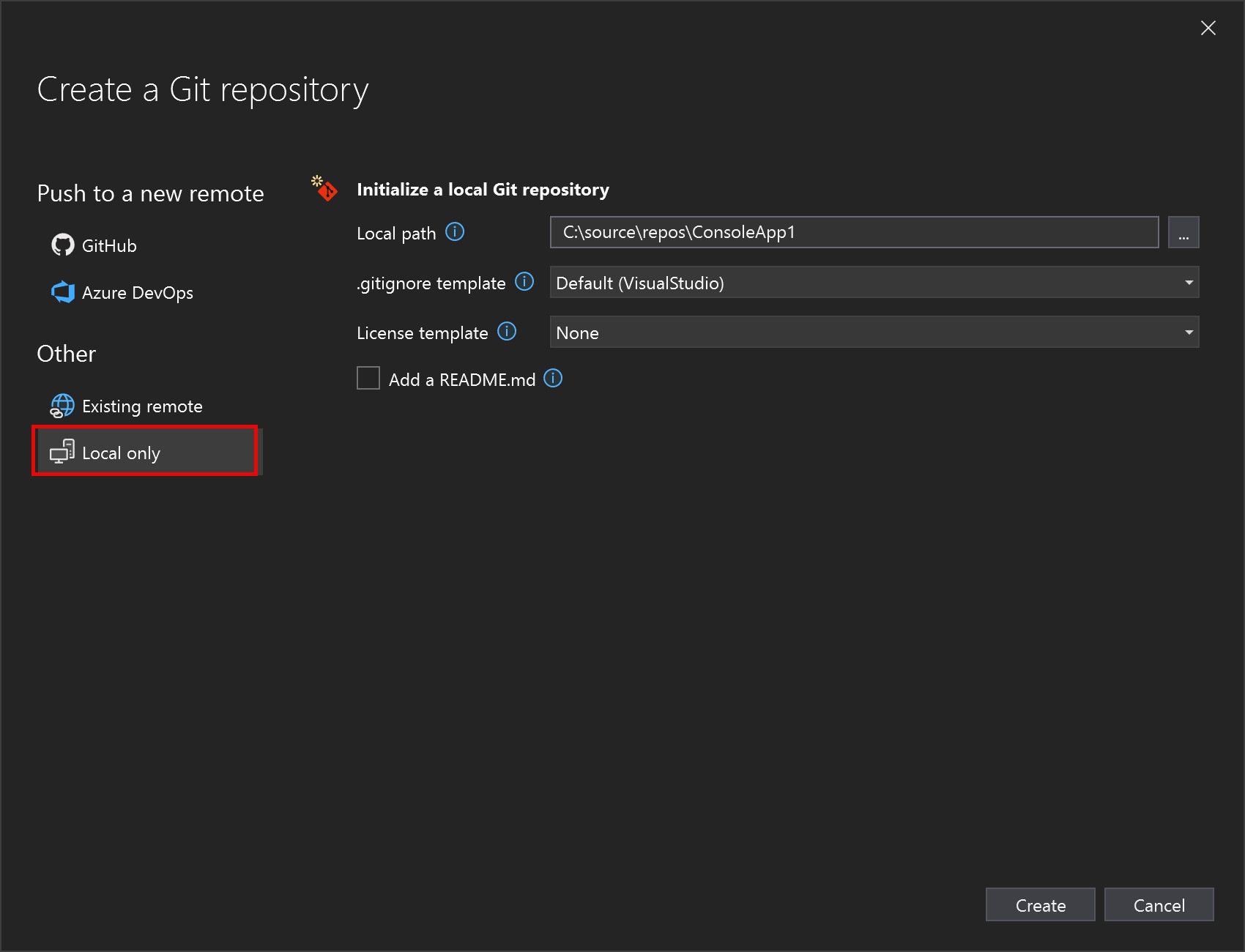 Screenshot of the Create Git Repository screen, showing the Local only option.