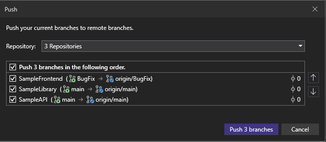 Screenshot showing a push action in the network operations dialog.