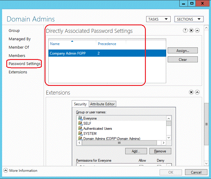 Screenshot that highlights the Directly Associated Password Settings section. 