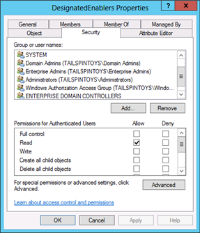 Screenshot that shows the Permissions for Authenticated Users section.