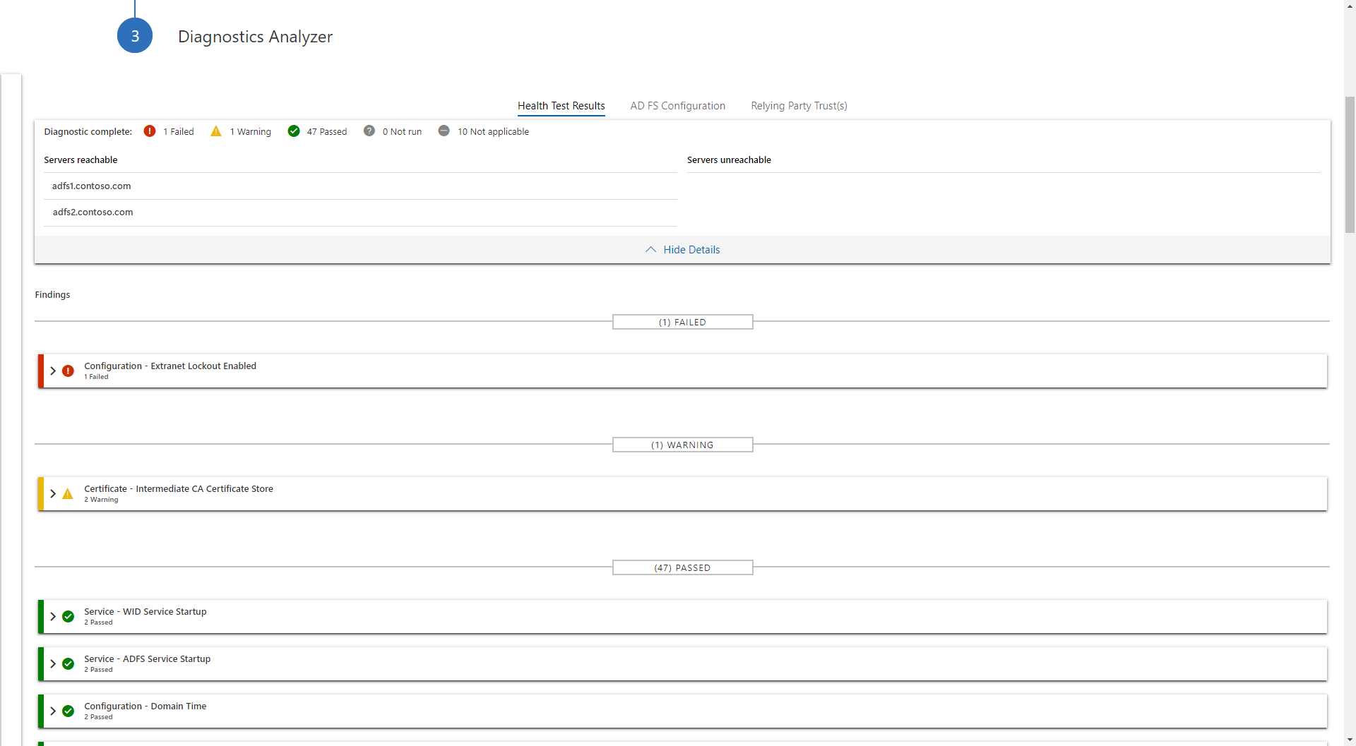 AD FS diagnostics analyzer tool - test results list