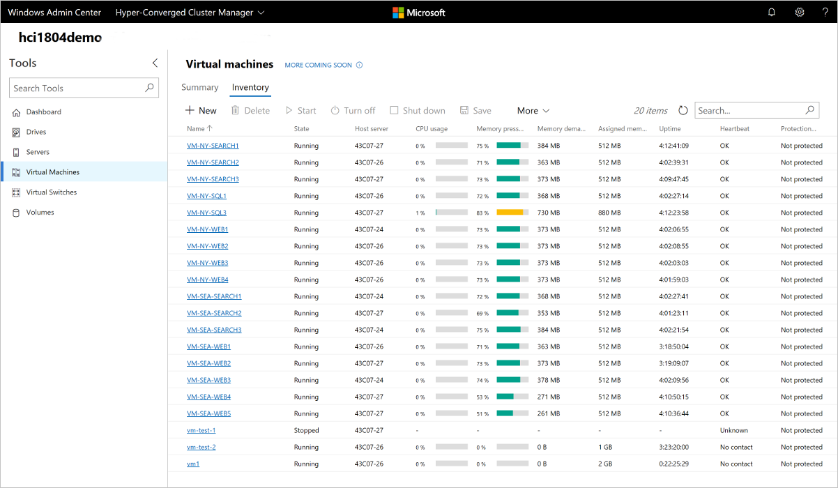 Screenshot of the Inventory tab on the page for virtual machines in Windows Admin Center.