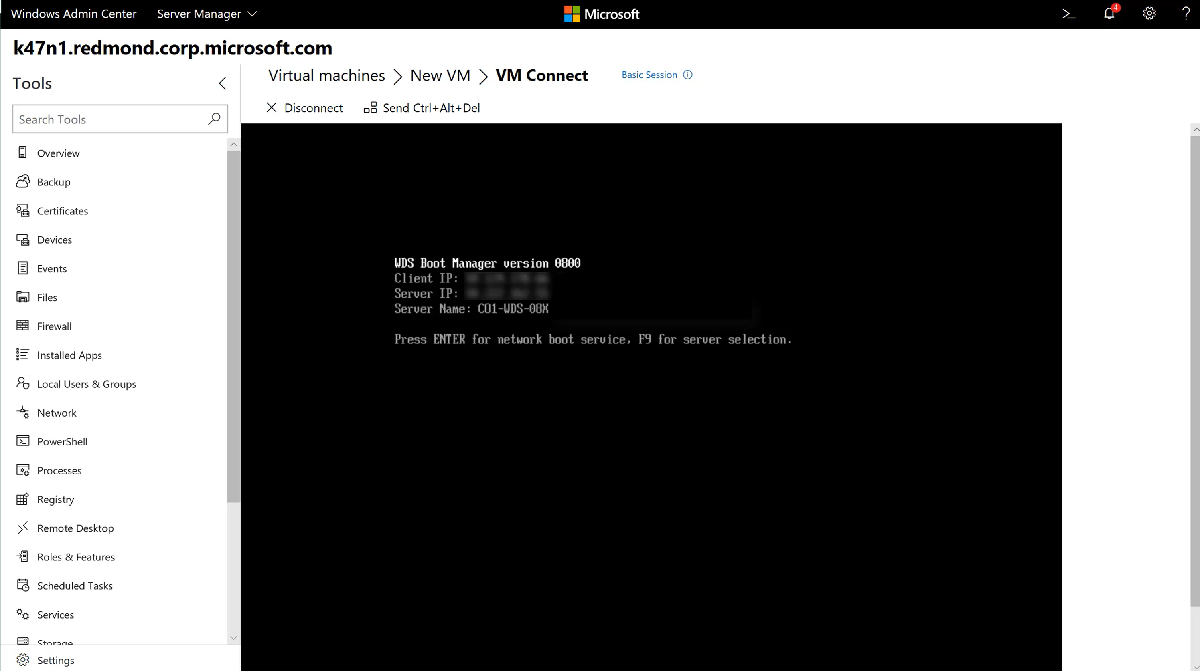 Screenshot of the pane that shows VM Connect in a web browser.