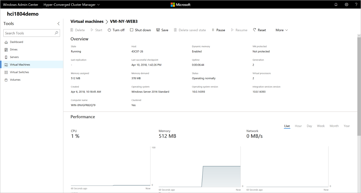 Screenshot of the pane that shows details about a single virtual machine.