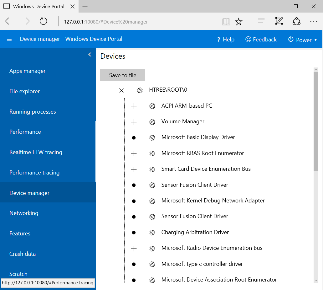 Device Portal Device manager page