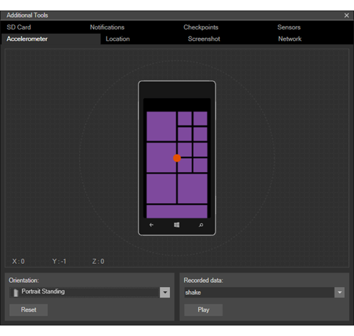 Accelerometer page in Additional Tools for the Emulator