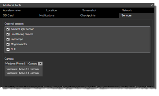 Sensors page in Additional Tools for the Emulator