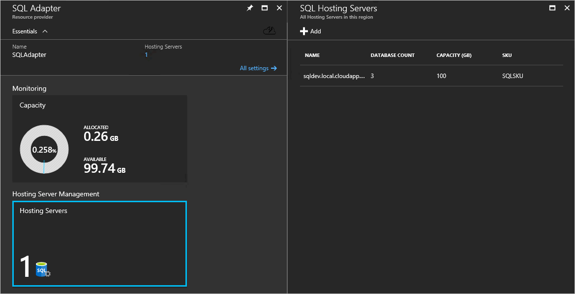 SQL Adapter dashboard in Azure Stack Hub administrator portal