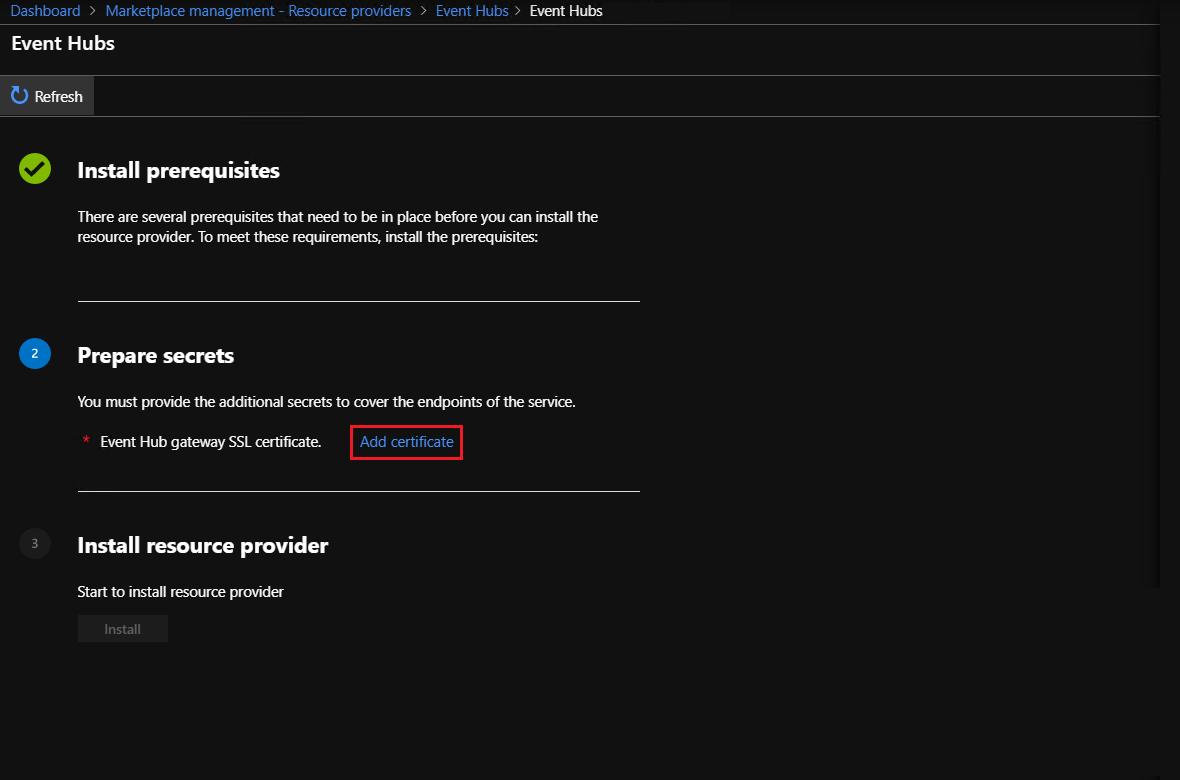 Marketplace management event hubs - prepare secrets