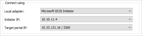 The "Connect using" dialog box shows the specified information for target portal 10.33.131.16/3260.