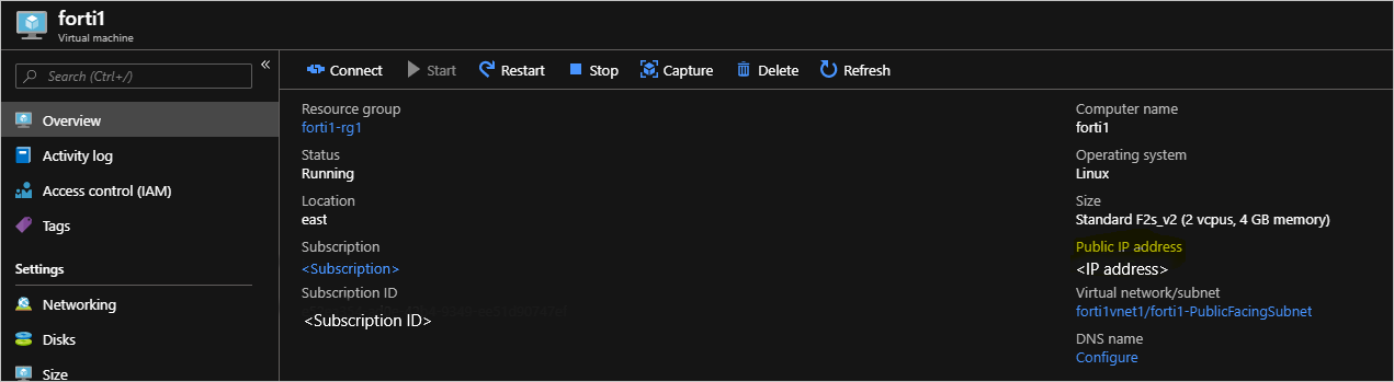 The forti1 overview page shows the resource group, status, and so on.