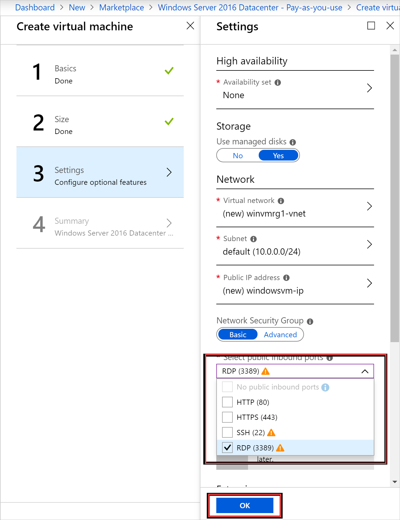 Create a VM - Settings