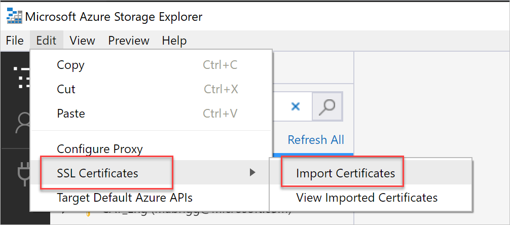 Import the certificate into Storage Explorer