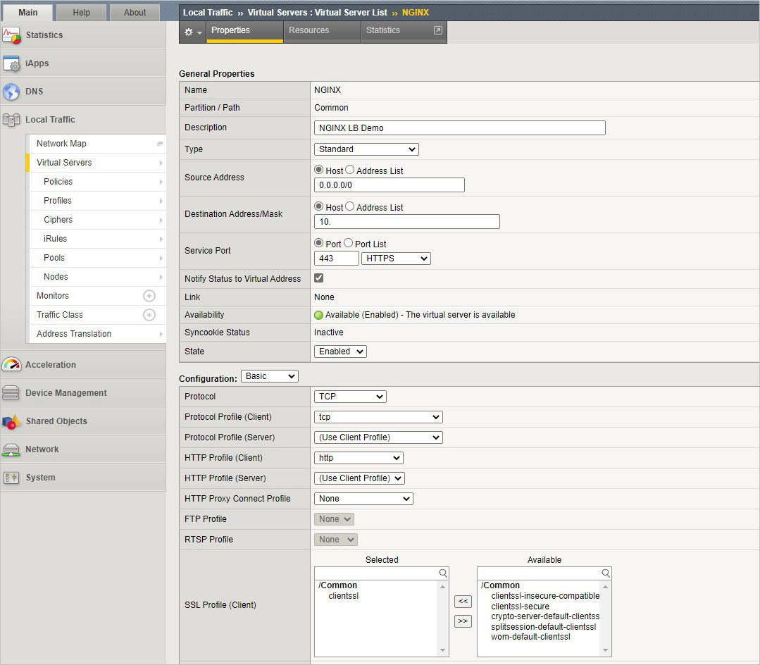 The left pane is used to navigate the right pane to "Local Traffic >> Virtual Servers : Virtual Server List >> NGINX", where the required information is entered.