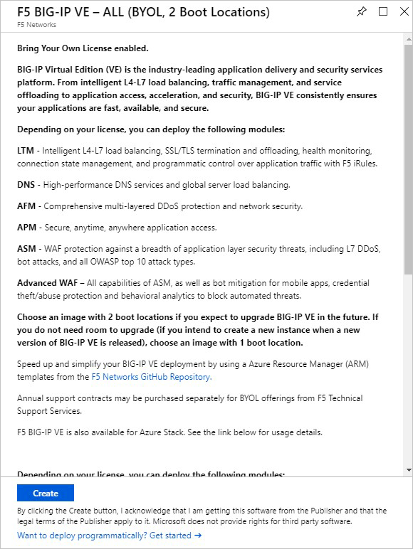 The "F5 BIG-IP VE – ALL (BYOL, 2 Boot Locations)" dialog box provides information on BIG-IP VE and the modules that you can deploy, depending on your license. There is a Create button.