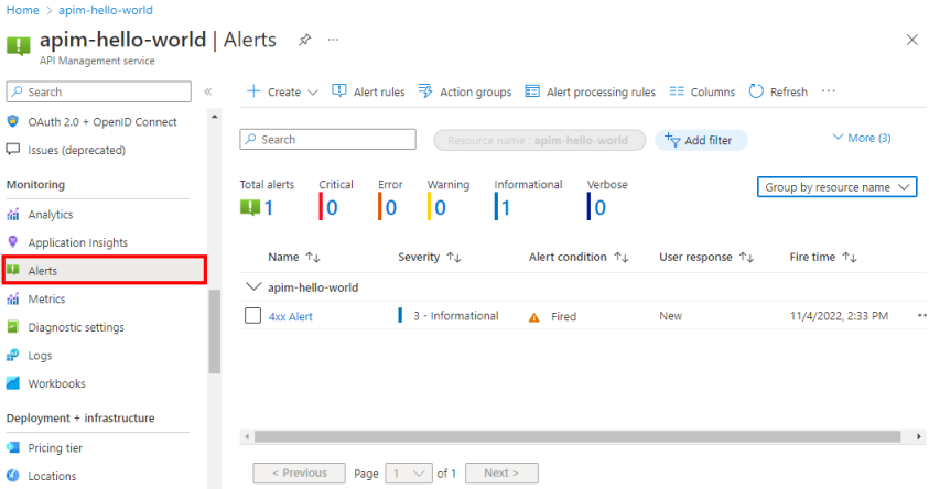 Screenshot of alerts in portal.