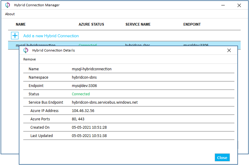 Screenshot of Hybrid Connection Details.