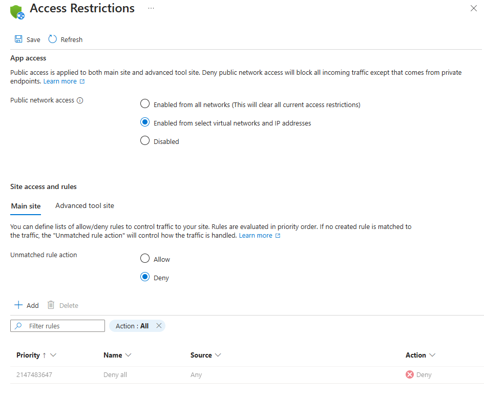 Screenshot of the Access Restrictions page in the Azure portal, showing the list of access restriction rules defined for the selected app.