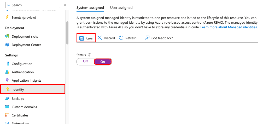 Screenshot that shows selections for turning on a system-assigned managed identity in the portal.