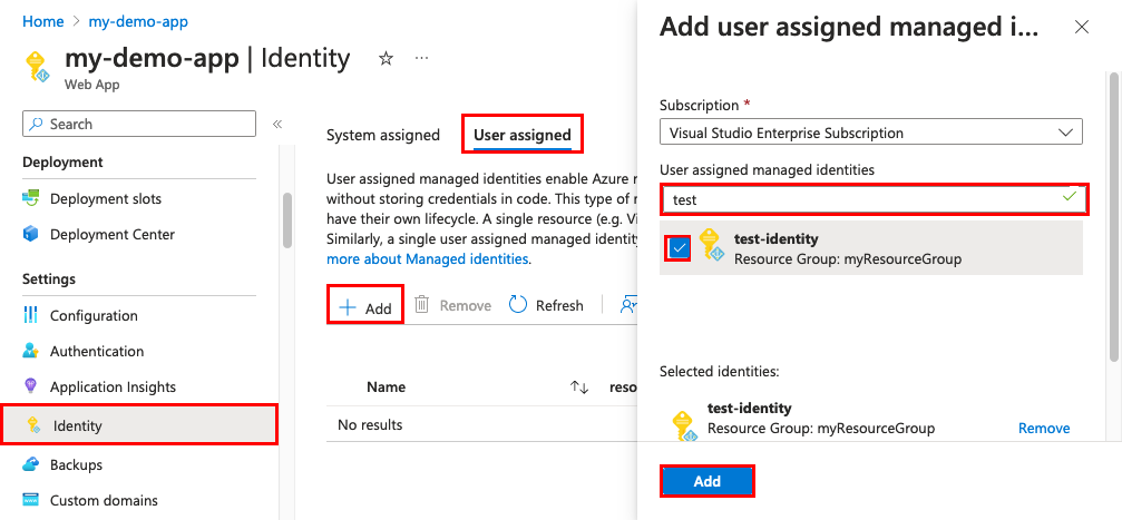 Screenshot that shows selections for adding a user-assigned managed identity in the portal.