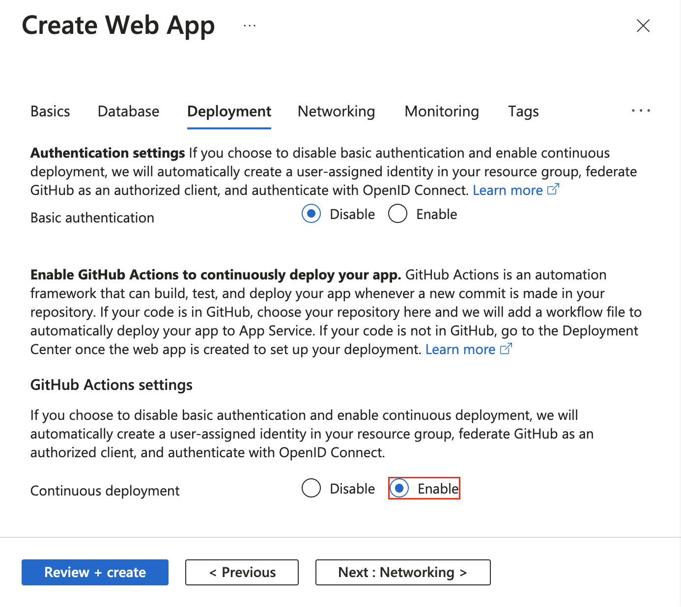 Screenshot shows how to enable GitHub Actions deployment in the App Service create Deployment tab.